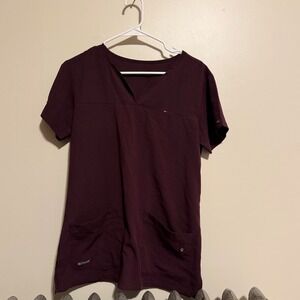 Grey's Anatomy Spandex Stretch‎ Scrub Top Burgundy V Neck Short Sleeve Workwear